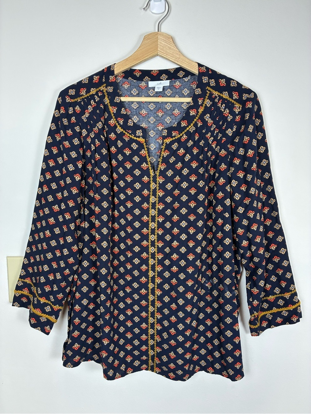 J. Jill Tunic Blue Embroidered Medallion Print Viscose V Neck Boho